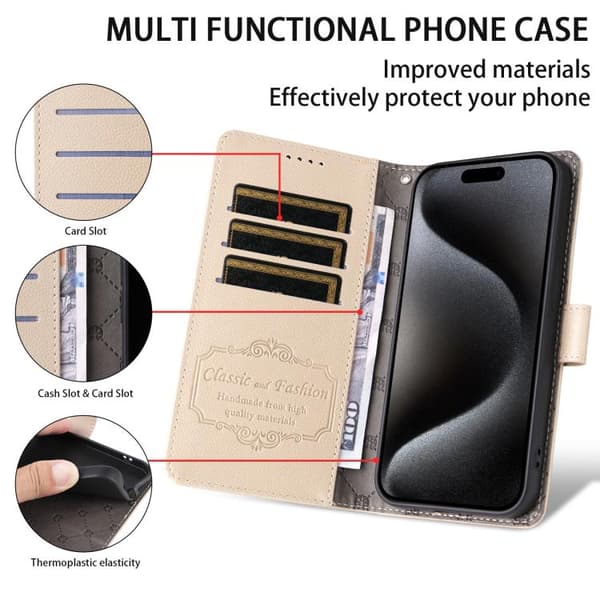 iPhone 18 Pro Max / iPhone 17 Pro Max Skal läderfodral med Litchi-textur och RFID-blockering för 3 kort Beige