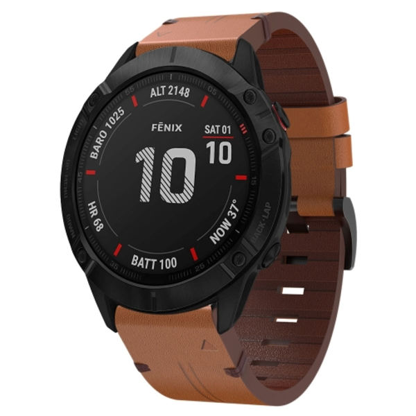 För Garmin Fenix ​​6X Sapphire 26mm Läder Stål Spänne Watch Band Brown