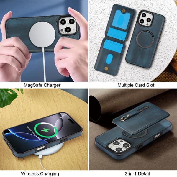 iPhone 16 Pro Zipper Wallet Split MagSafe Läder Fodral Skal Blå