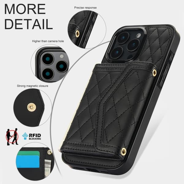 iPhone 16 Pro Max Skal med Splicing Rhombic Textur och Lång Lanyard Svart