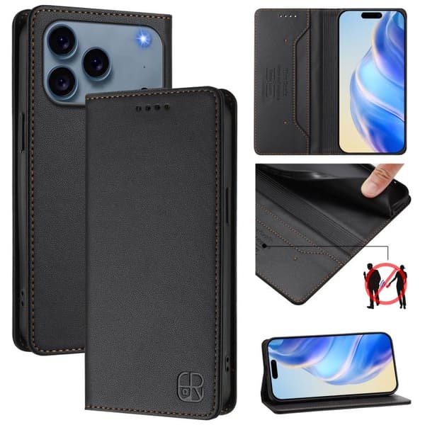 iPhone 18 Pro / iPhone 17 Pro Skal läderfodral med dubbelvikts magnetisk sug och RFID Svart