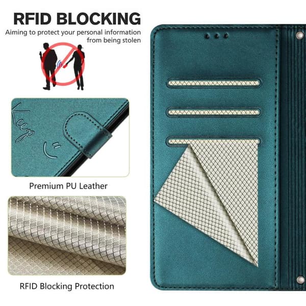 iPhone 18 Pro / iPhone 17 Pro Skal läderfodral med Smile Embossing och RFID Påfågelgrön
