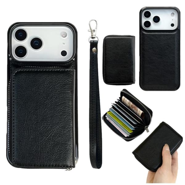 iPhone 18 Pro Max / iPhone 17 Pro Max Skal med Lanyard och 11 Kortfack - Enfärgad Design Svart