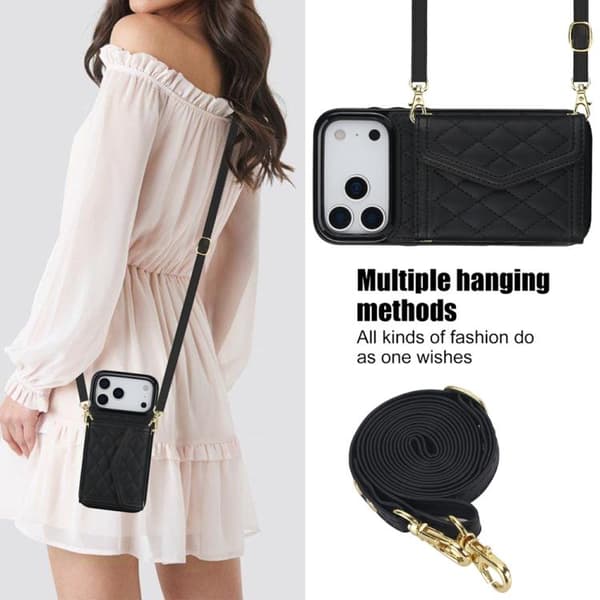 iPhone 18 Pro Max / iPhone 17 Pro Max Skal med Splicing Rhombic Textur och Lång Lanyard Svart