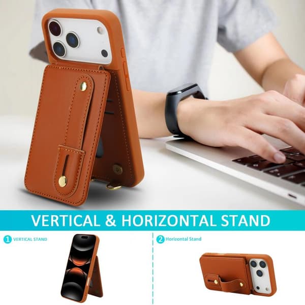 iPhone 18 Pro / iPhone 17 Pro Skal med Handledsrem och Vertikal Flip Wallet Brun
