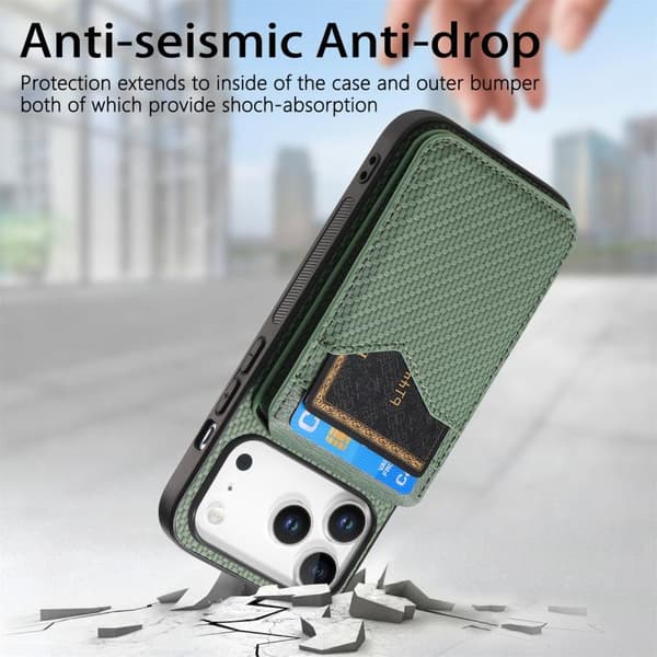 iPhone 18 Pro Max / iPhone 17 Pro Max Skal - Kolfiber med MagSafe - Vertikal Flip för Kort Grön