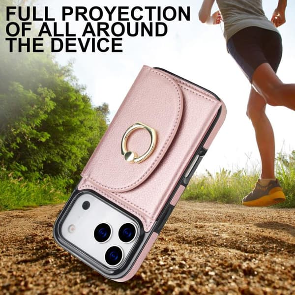 iPhone 18 Pro Max / iPhone 17 Pro Max Skal med Ringhållare och Kortficka, Skinnkänsla Roséguld