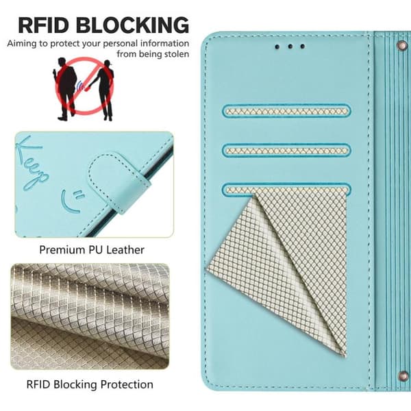 iPhone 17 Skal läderfodral med Smile Embossing RFID Mintgrön