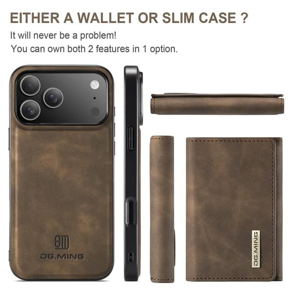 iPhone 18 Pro Max / iPhone 17 Pro Max Skal läderfodral DG.MING M1 Series 3-Fold Multi Card Wallet Kaffe