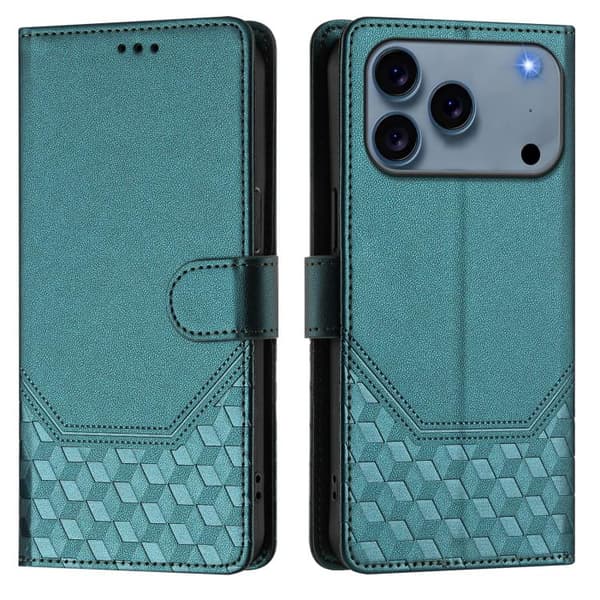 iPhone 18 Pro Max / iPhone 17 Pro Max Skal läderfodral med honungskombination och RFID-präglad design Påfågelgrön