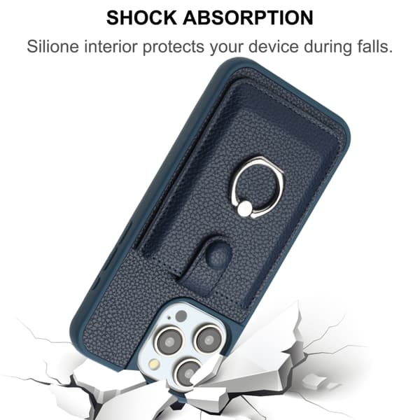 iPhone 16 Pro Litchi Textur Ritkort Väska Ringhållare Skal Blå