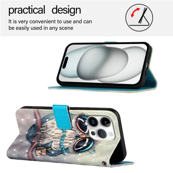 iPhone 16 Pro Max 3D Målning Horisontell Flip Läder Skal - Fodral Gråuggla