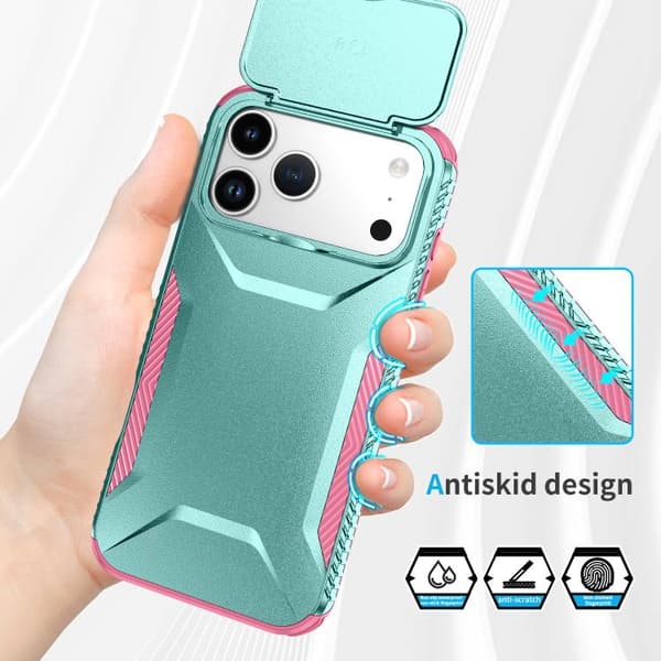 iPhone 18 Pro / iPhone 17 Pro Skal med Glidande Camshield Rosa + Grågrön