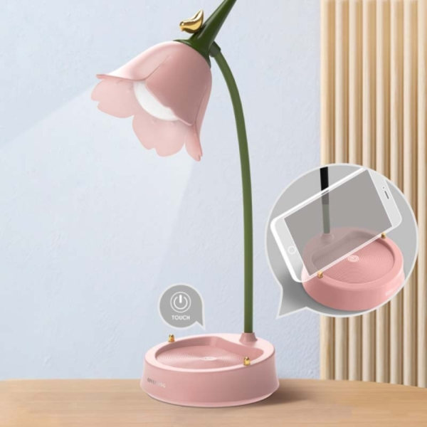 GIVELONG Skogs fågel LED Touch Usb bordslampa med mobiltelefonhållare sovrum sänglampa nattlampa(GL362-1 Rosa)