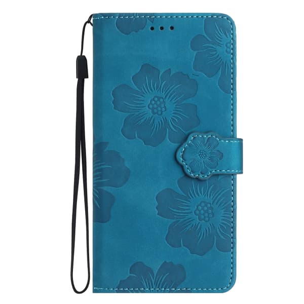iPhone 16 Pro Max Fodral Läder med Blomsterprägling - Elegant Skal för Skydd och Stil Blå