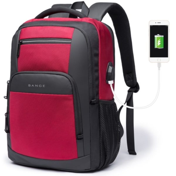 BANGE BG-1921 College Student Skolväska Vattentät Business Datorryggsäck med Extern USB Laddningsport Rödvin