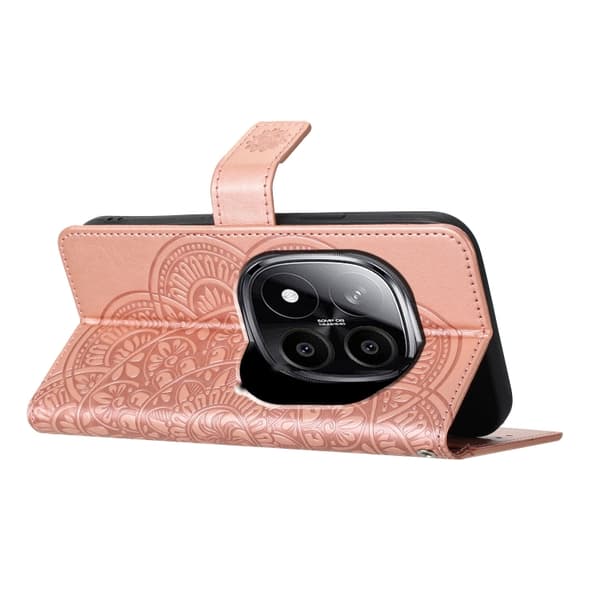 Redmi Note 14 Pro 5G - Blomsterpräglat Läderfodral Roséguld
