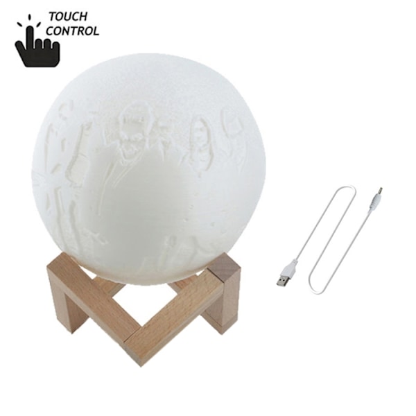 Anpassad touch-switch 2-färgad 3D-tryckt månlampa USB-laddning energibesparande LED-nattlampa med träbas, diameter: 15 cm