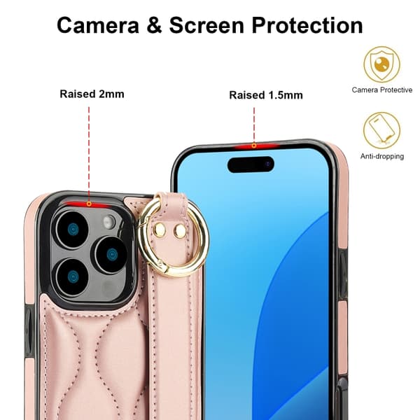 iPhone 16 Pro Skal med Handledsrem - Non-slip Full Coverage PU Skydd Roséguld