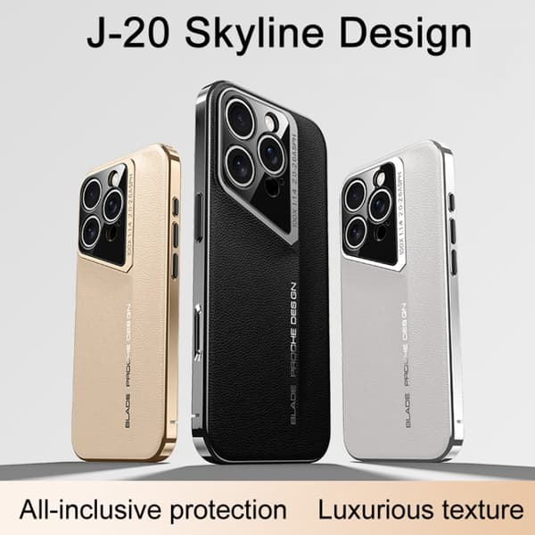 iPhone 16 Pro Fodral J-20 Läder Skyline Design - Full Coverage Skal Guld