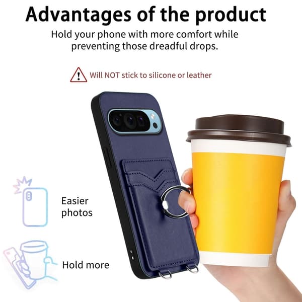för Pixel 9 Pro XL R20 - Crossbody Rep RIng Kortfodral Skal Blå