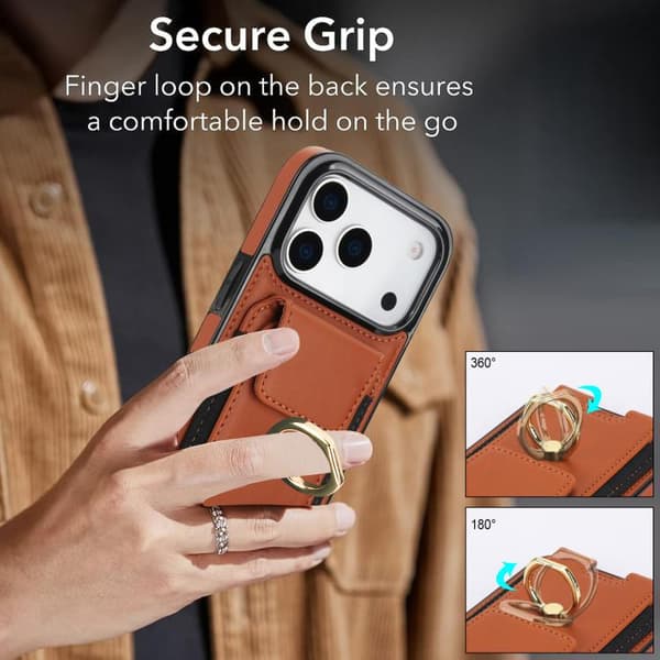 iPhone 17 Pro Skal med Elastisk Kortficka och Ringhållare Brun