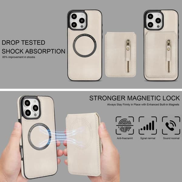iPhone 16 Pro Max Zipper Wallet Split MagSafe Läder Fodral Skal Vit