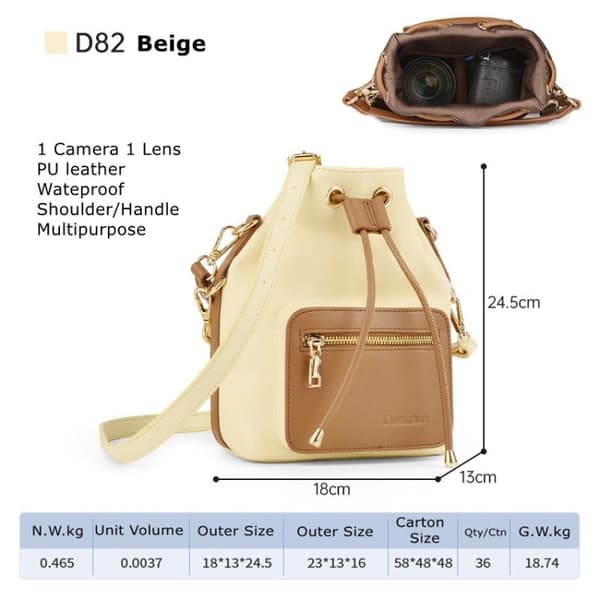 Cwatcun D82 Bundle Dragsnöre Linsväska PU Crossbody Kameraväska Beige
