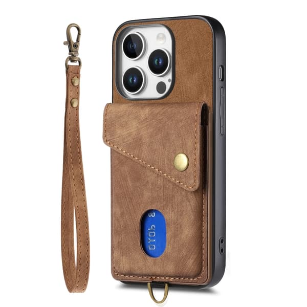 iPhone 16 Pro Max Retro Kortplånbok Fodral Läder med Rem - Skal Brun