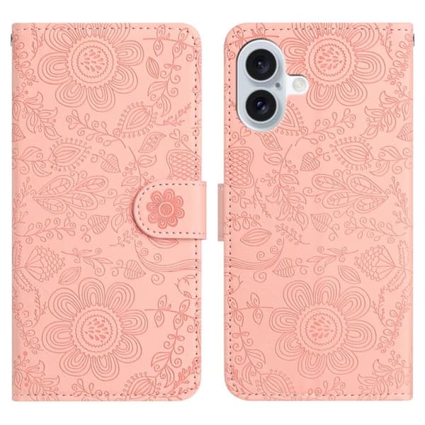 iPhone 17 Skal läderfodral med blommönster - relief Rosa