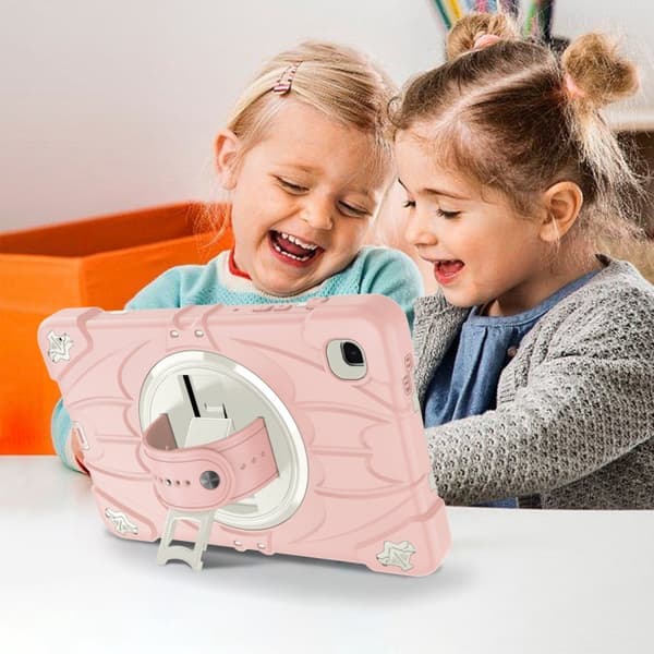 Samsung Galaxy Tab A7 Lite Bat Hand Grip Turntable Ställ Rosa Vit