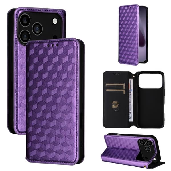 iPhone 18 Pro / iPhone 17 Pro Skal läderfodral med kubisk rutmönster Purpur
