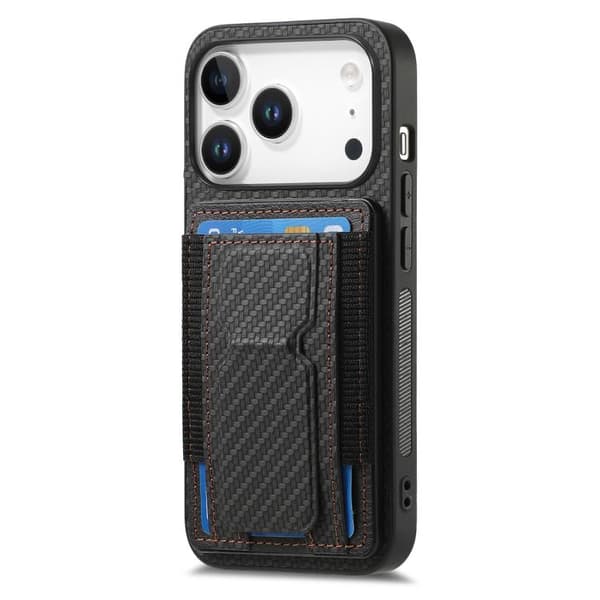 iPhone 17 Pro Skal - Kolfiber med Fällbart Ställ och Elastisk Kortficka Svart