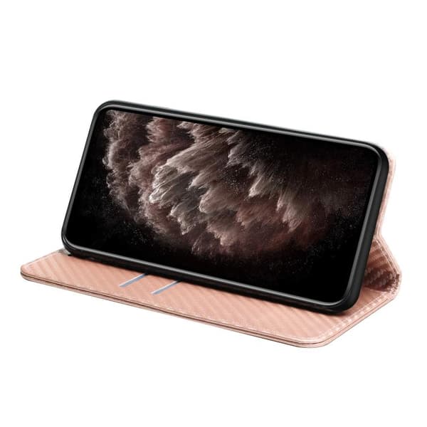 Redmi Note 14 Pro 4G - Magnetisk Flip Läderfodral med Kolfibertextur Roséguld