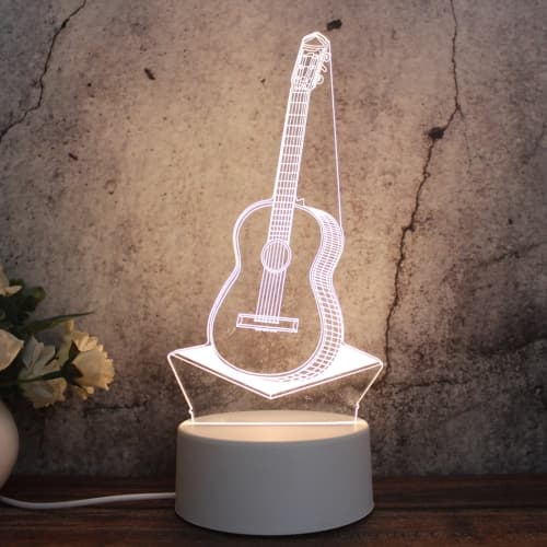Vit bas kreativ 3D trefärgad LED dekorativ nattlampa, knappkontaktversion, form: Gitarr (vit-varm-varmvit)