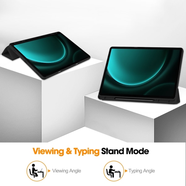 Samsung Galaxy Tab S9 FE+/S10+ Skal i TPU Smart Läder med Penna Fack - 3-Faldig Ren Färg Svart