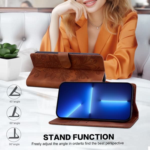 Redmi Note 14 Pro 5G - Lacey Blommönstrad Embossed Magnetisk Spänne PU fodral med Handledsrem Brun
