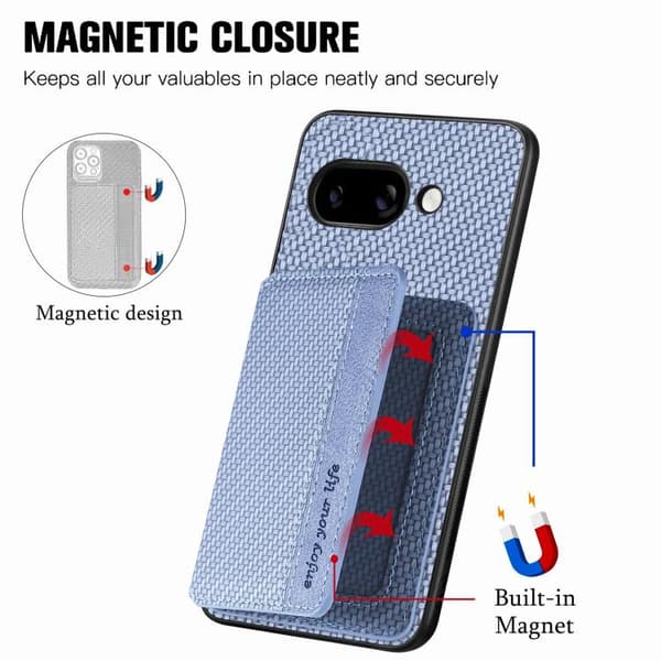 för Pixel 9a Skal i Kolfiber med Magnetisk Kortficka Blå