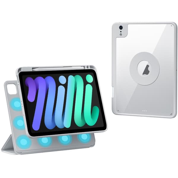 iPad mini 6 / mini 2024 Skal med Rotera Magnetisk Avtagbar Läderfodral och Pennfack Silvergrå