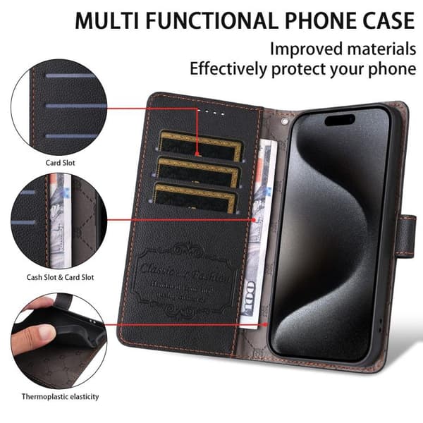 iPhone 18 Pro Max / iPhone 17 Pro Max Skal läderfodral med Litchi-textur och RFID-blockering för 3 kort Svart