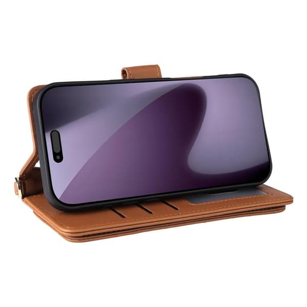 iPhone 17 Pro Skal läderfodral med multifunktionella 6-kortsplatser och handledsrem Brun