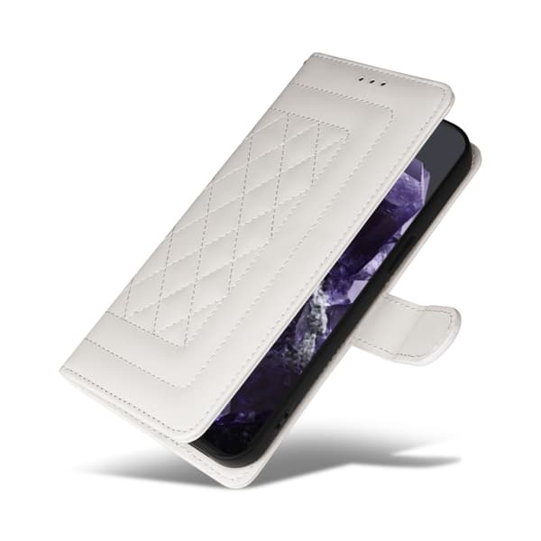 för Pixel 9 Pro Skal i Diamantmönstrad Läder Flip Design Vit