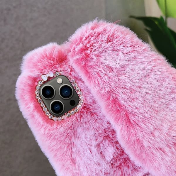 iPhone 16 Pro 3D Söt Långörad Kanin Plush Full Coverage Skal Röd