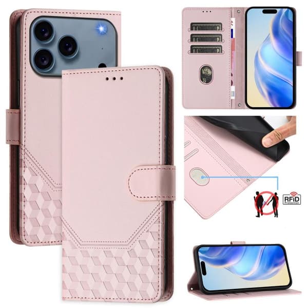 iPhone 18 Pro Max / iPhone 17 Pro Max Skal läderfodral med honungskombination och RFID-präglad design Rosa
