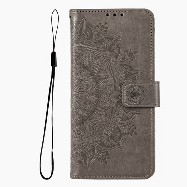 iPhone 16 Pro Totem Blomma Pr präglat Läder Skal Fodral Grå