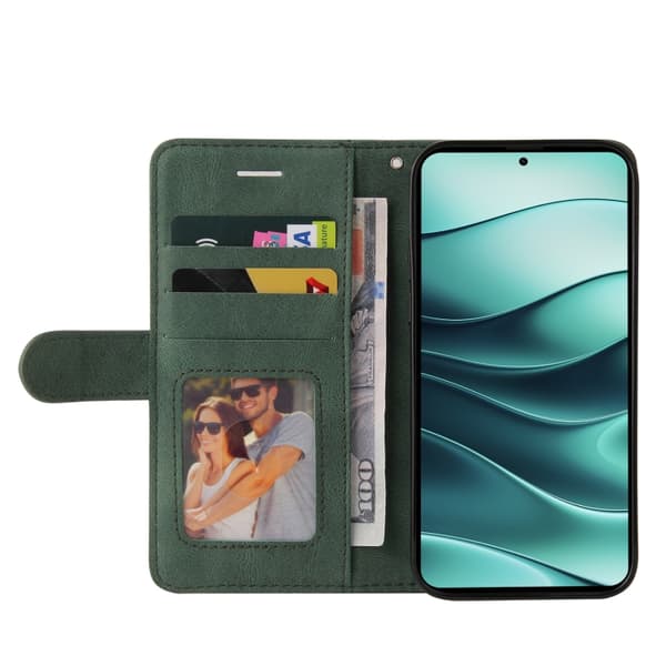 Redmi Note 14 5G - Flip Leather Mobilfodral med Tvåfärgad Splicing Design Grön