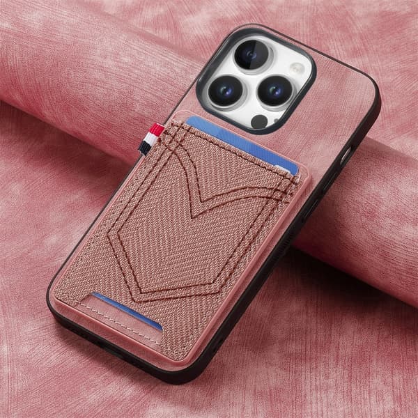 iPhone 16 Pro Max Denim Textur Fodral med Kortfack - Skal Läder Rosa