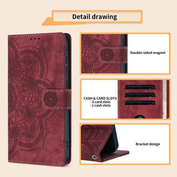 Redmi Note 14 4G - Mandala Prägad Retro Frosted Läderfodral Röd