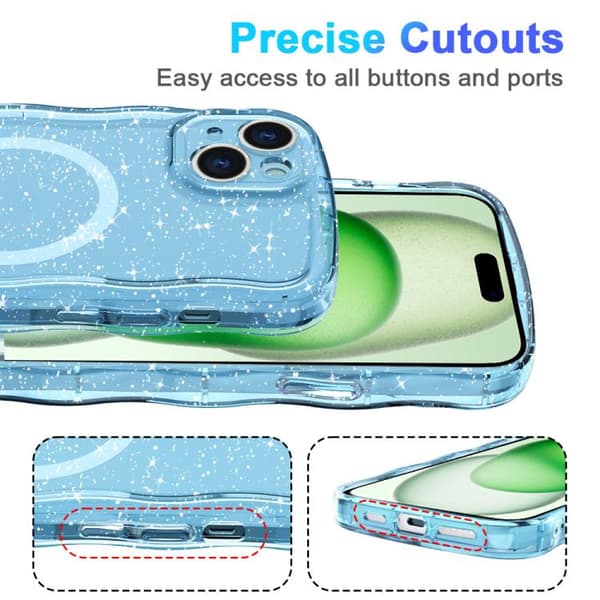 iPhone 16 Pro Wave Glitter MagSafe Magnetisk TPU Skal Transparent blå