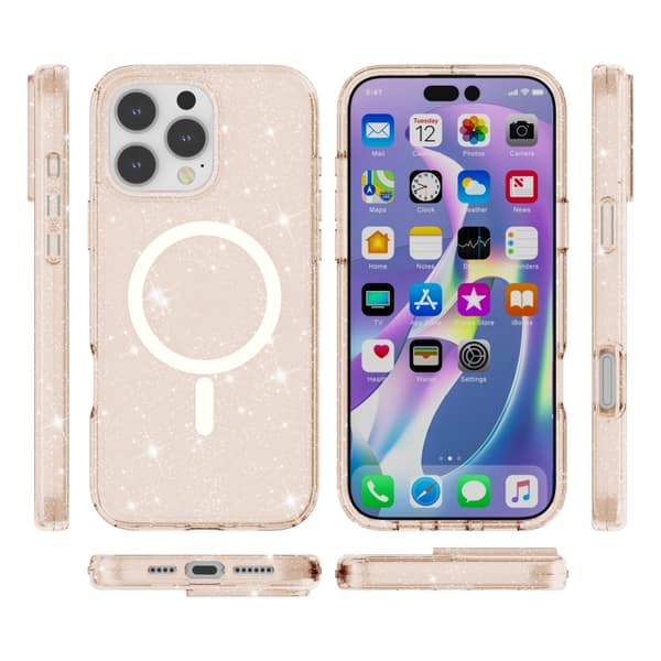 iPhone 16 Pro Max Terminator Stil Glitter Pulver MagSafe Magnetisk Skal Guld